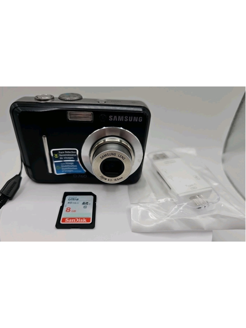 Samsung D760 Digital Camera 7.2MP Black With 8GB SD Card & Phone Adapter Tested
